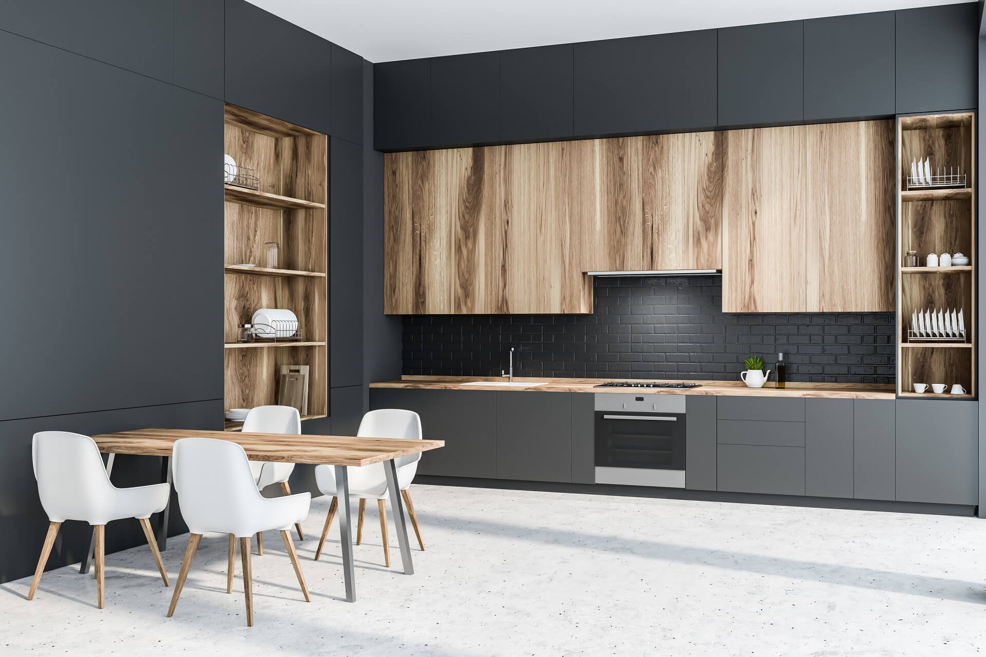 Dark custom cabinetry with natural oak accents